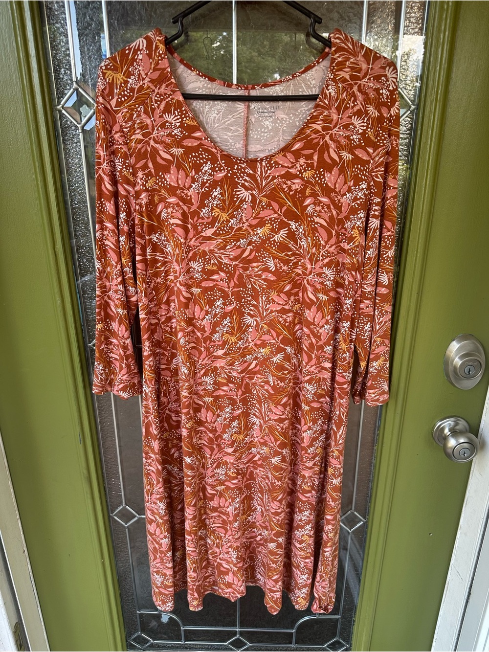Garnet Hill Women’s L Brown Pink White Floral Knit Scoop Neck 3/4 Knee Dress